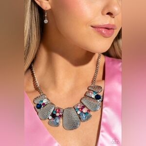 Paparazzi Elegant Silver Statement Necklace with Multicolor Gems